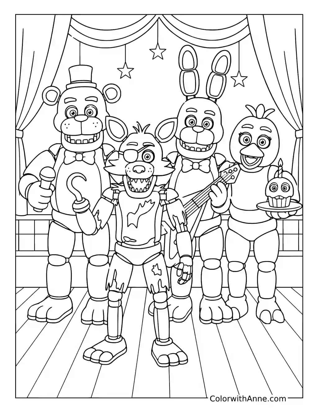 Foxy with Freddy, Bonnie, and Chica coloring page