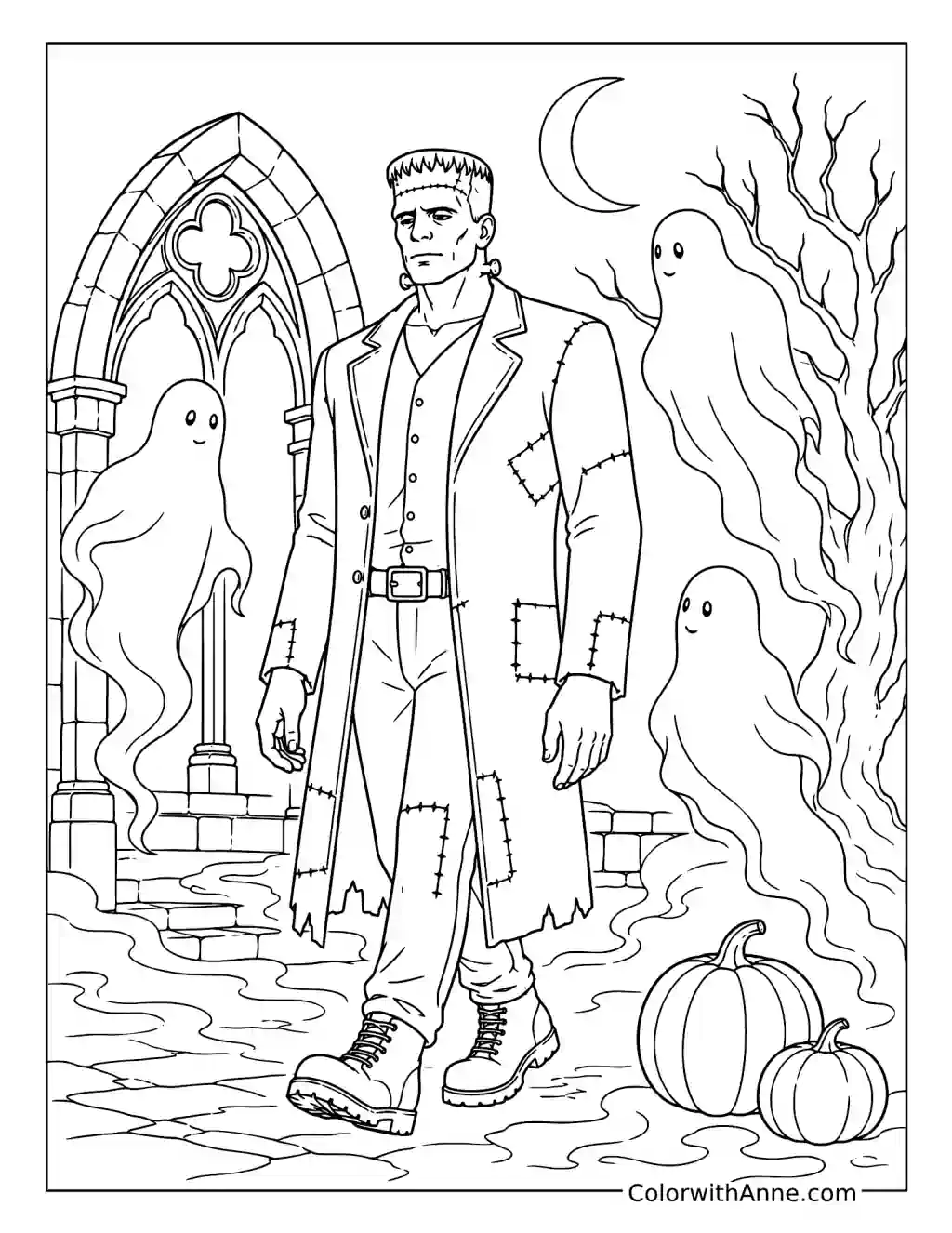 Frankenstein Among Friendly Ghosts coloring page