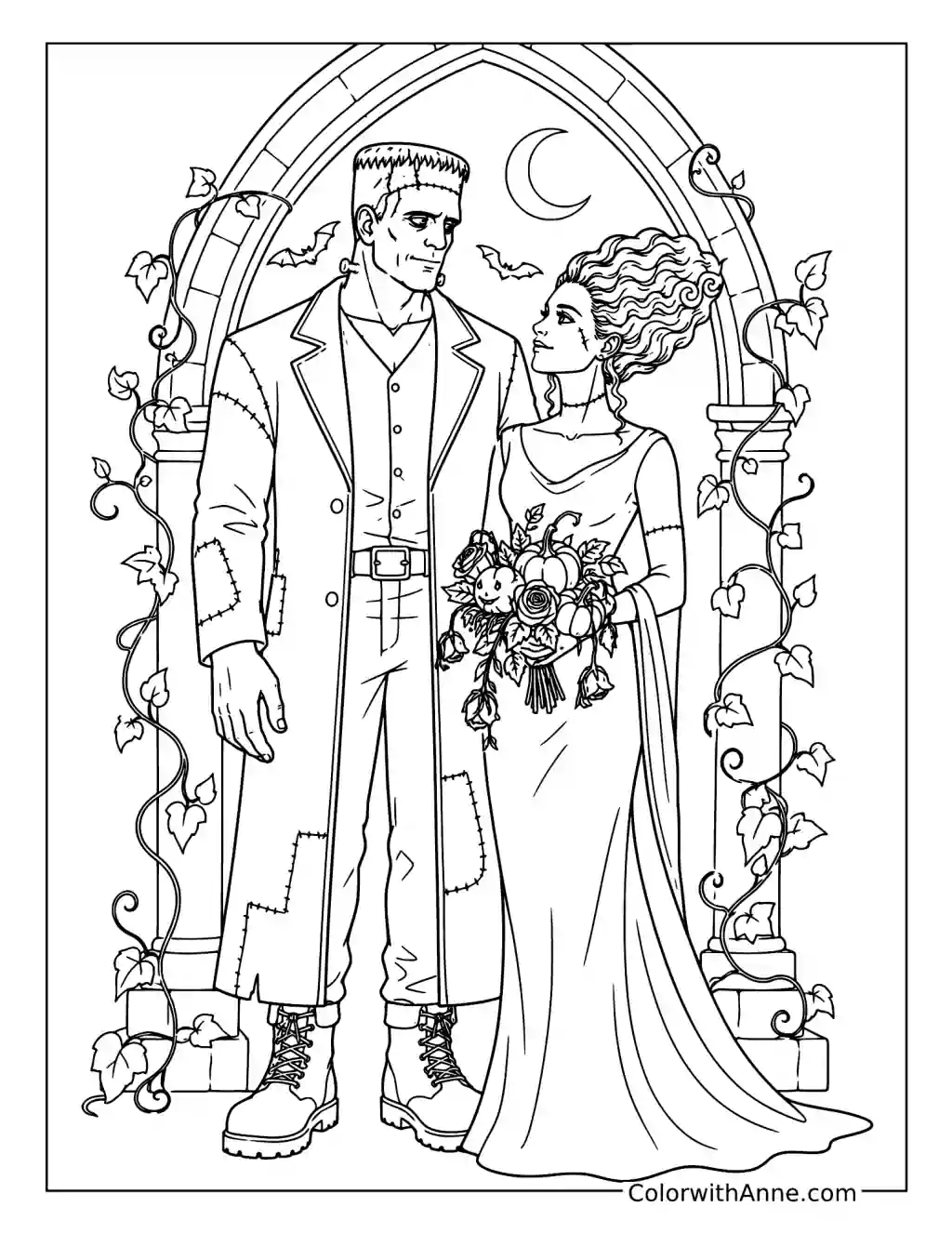 Frankenstein and His Bride Under the Moon coloring page
