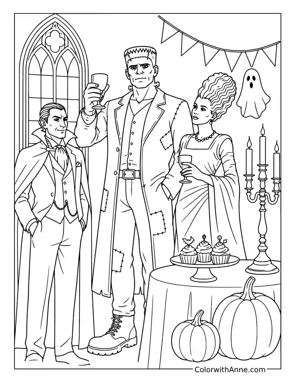 Frankenstein at a Gothic Halloween Party coloring page