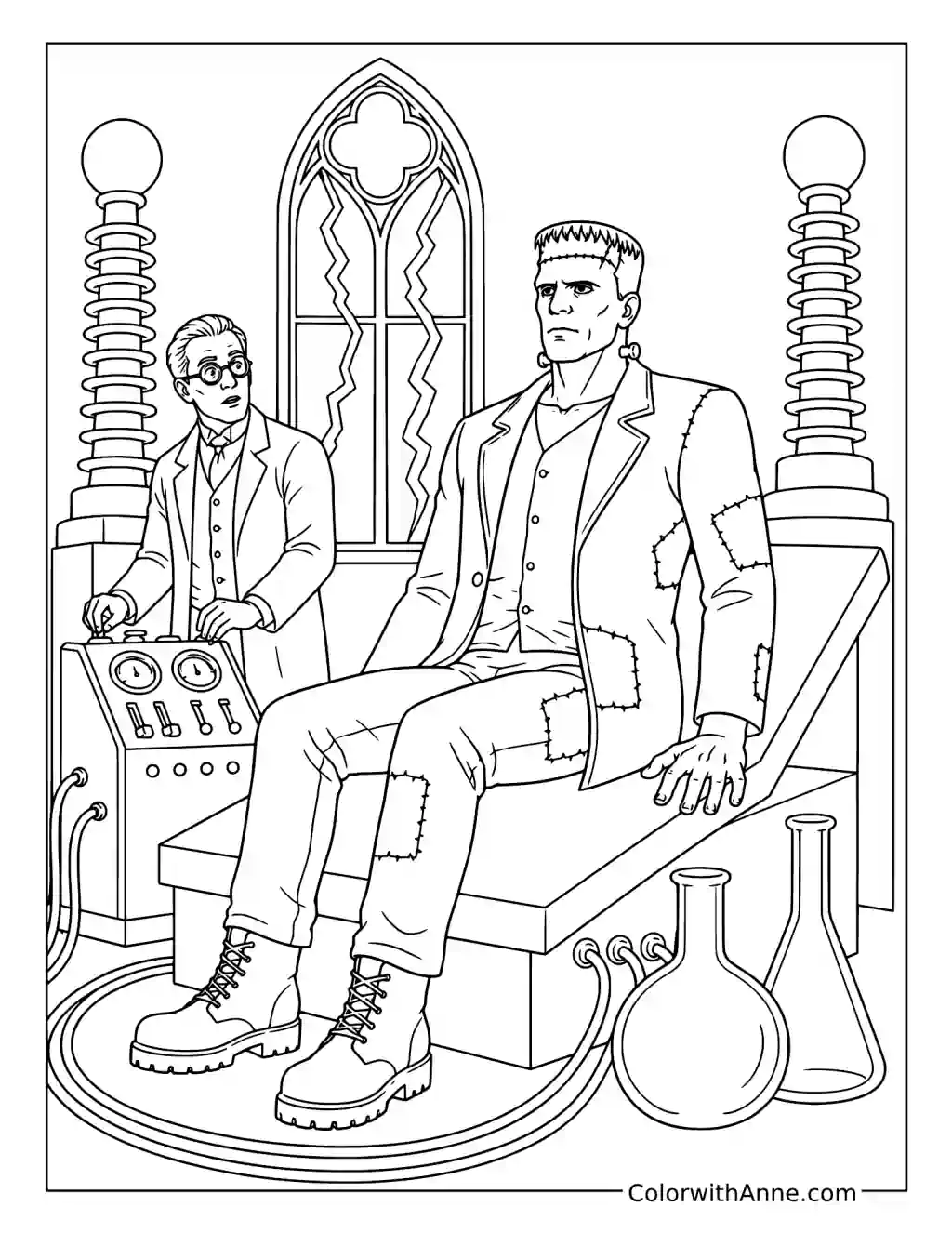 Frankenstein Awakens in the Laboratory coloring page