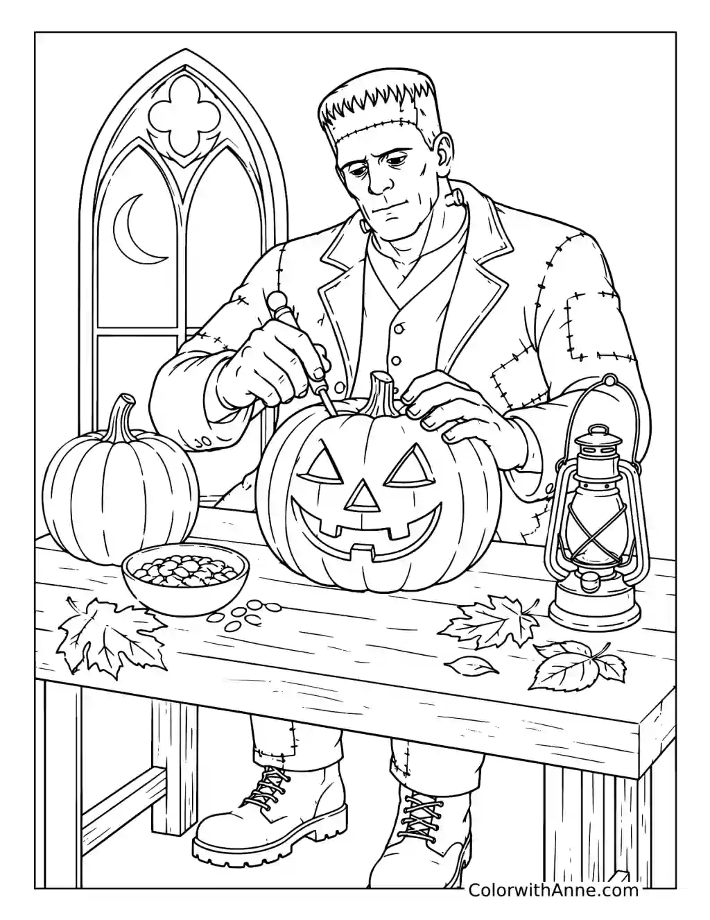 Frankenstein Carving a Jack-o'-Lantern coloring page