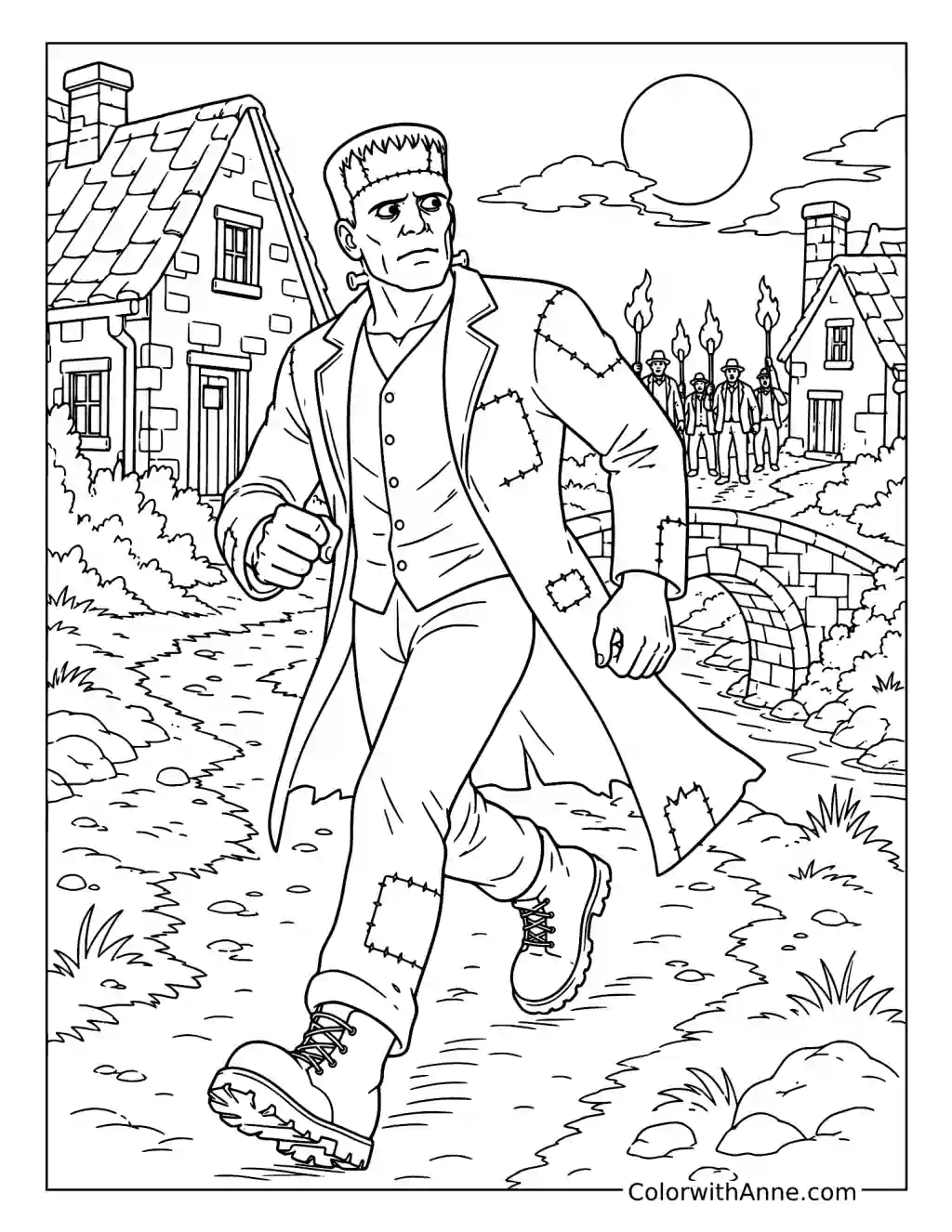 Frankenstein Fleeing the Torch-Bearing Villagers coloring page