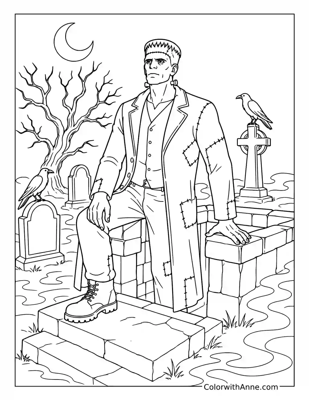 Frankenstein in the Moonlit Graveyard coloring page