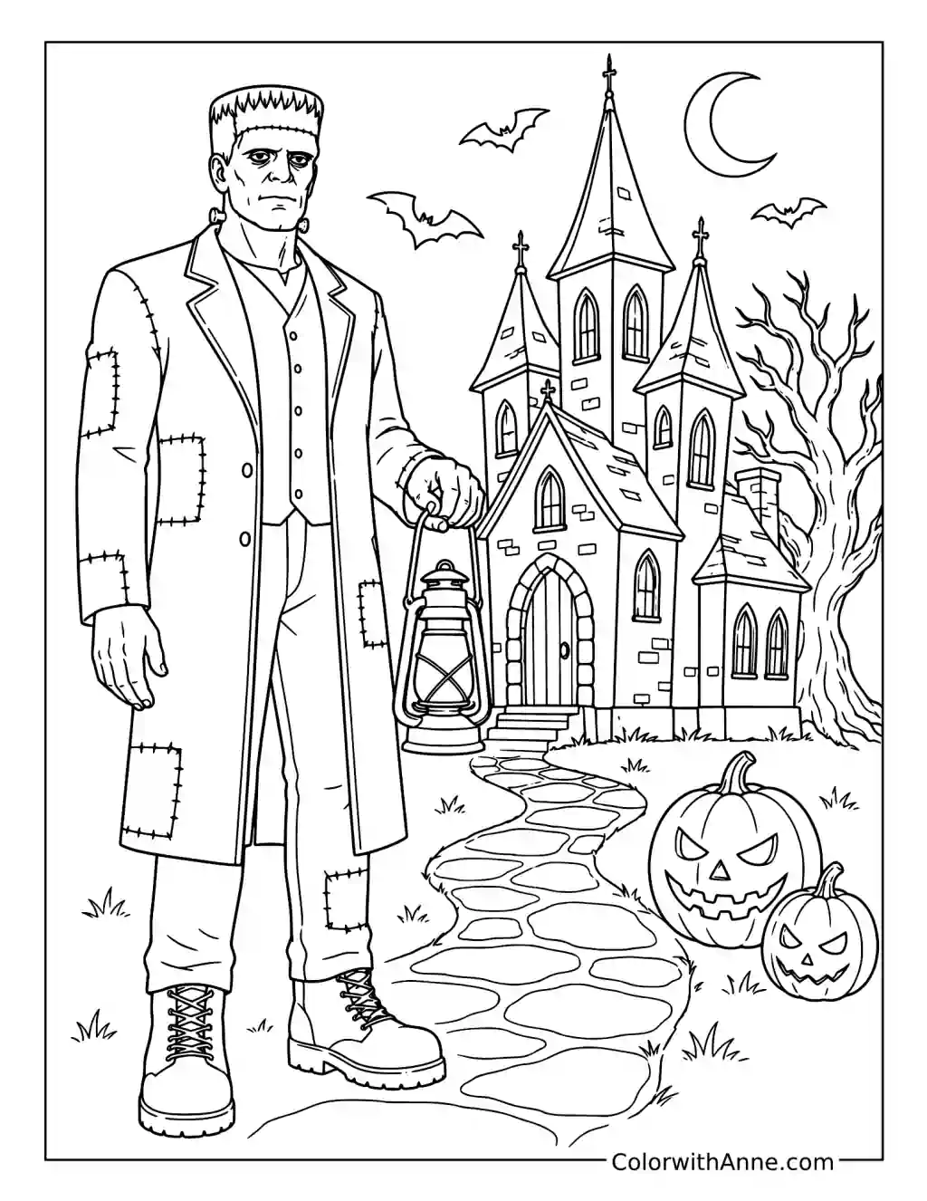 Frankenstein Outside a Gothic Church coloring page