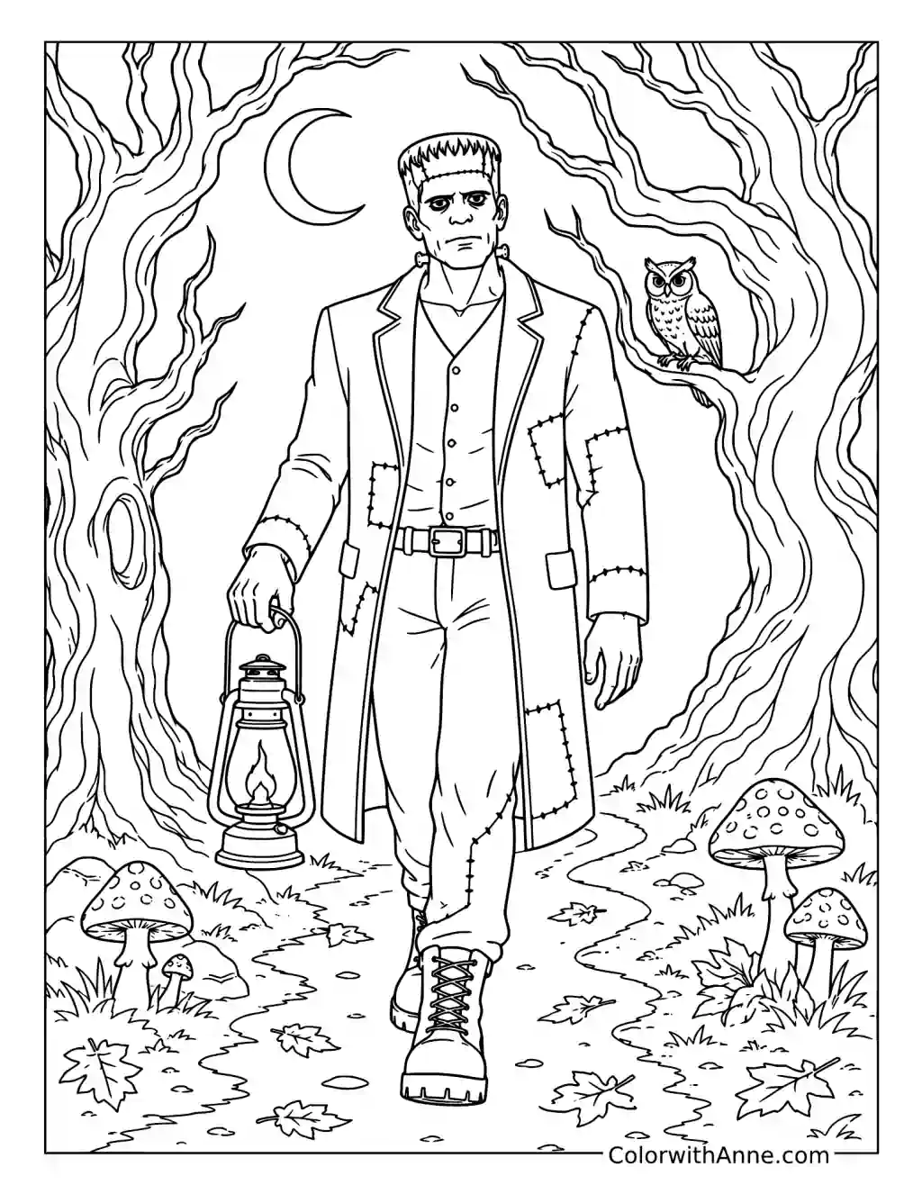 Frankenstein Walking Through the Haunted Forest coloring page