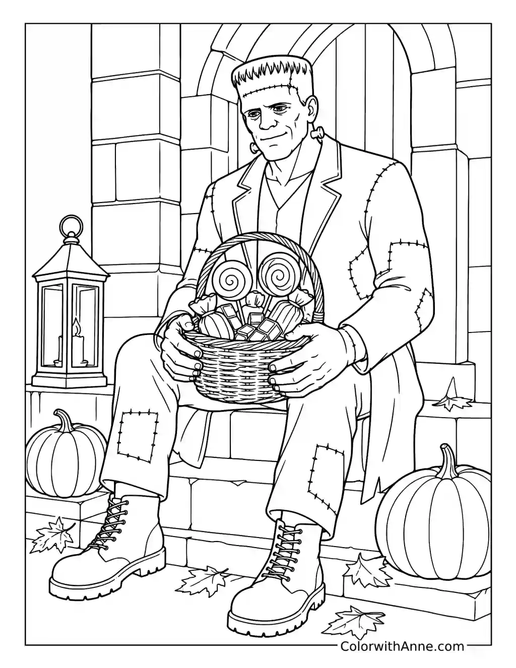 Frankenstein with a Basket of Candy coloring page