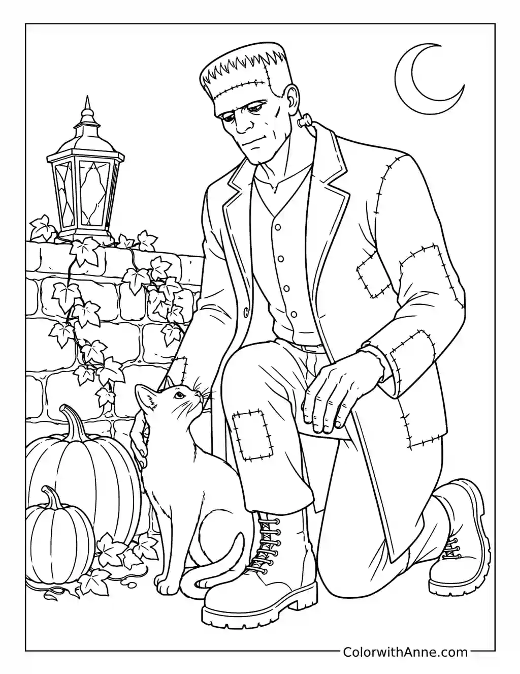 Frankenstein with a Black Cat and Pumpkins coloring page