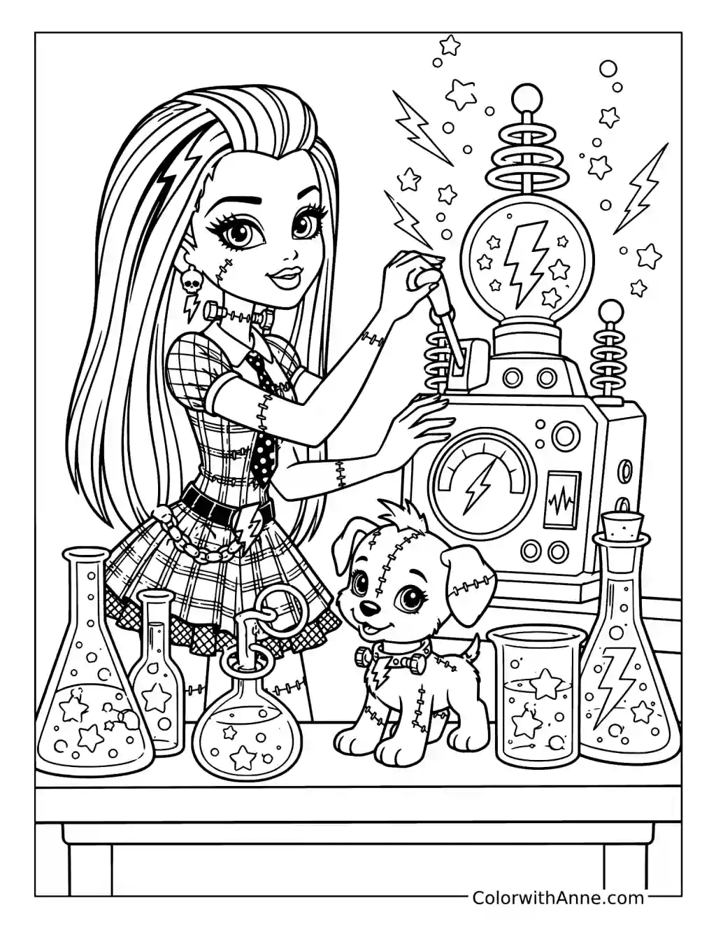 Frankie Stein Experimenting in a Laboratory with Watzit coloring page