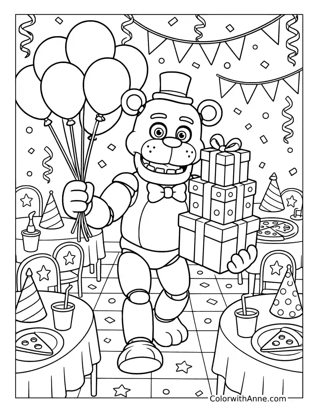 Freddy Fazbear with Balloons and Gifts coloring page