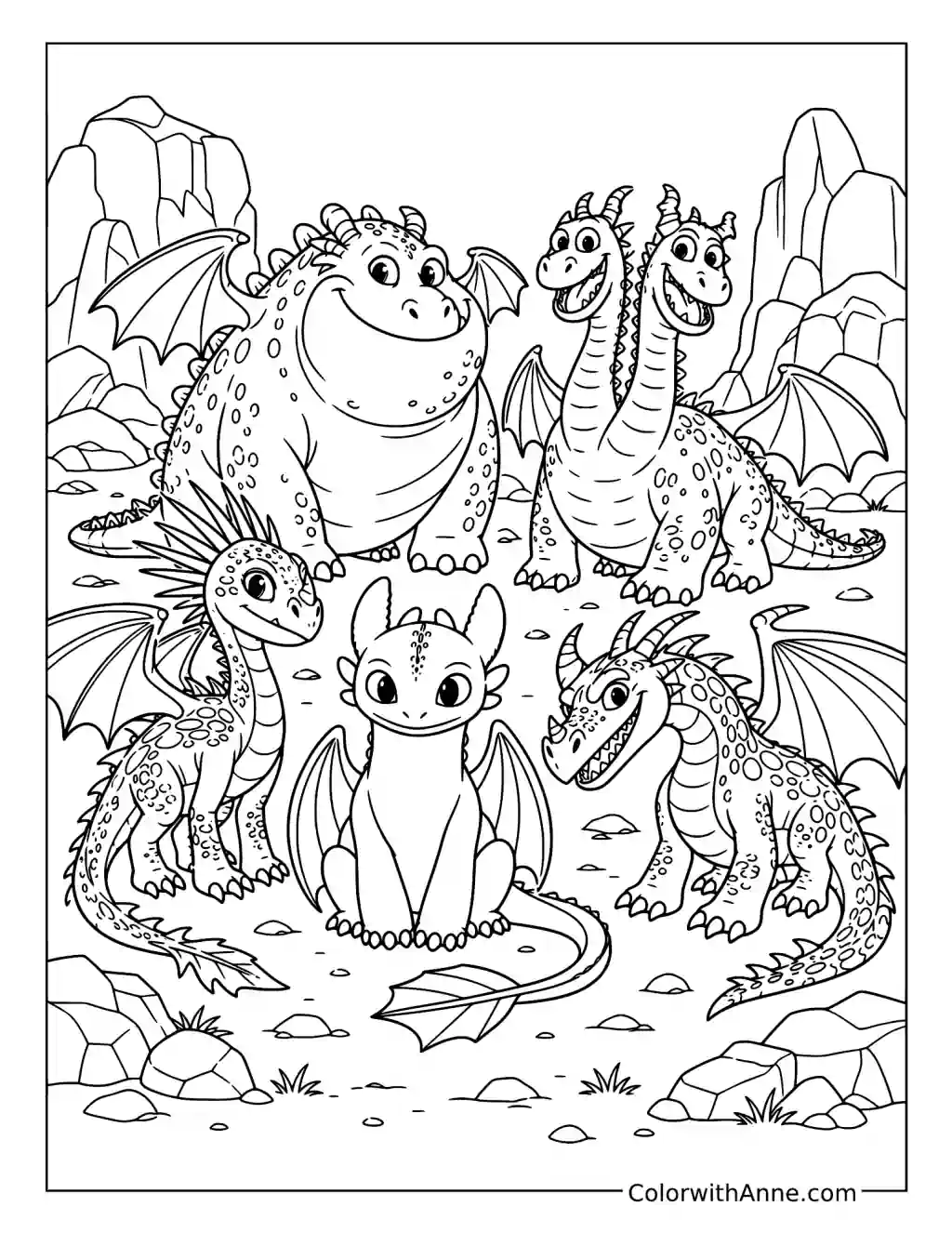 Friendly Berk Dragons in a Rocky Clearing coloring page