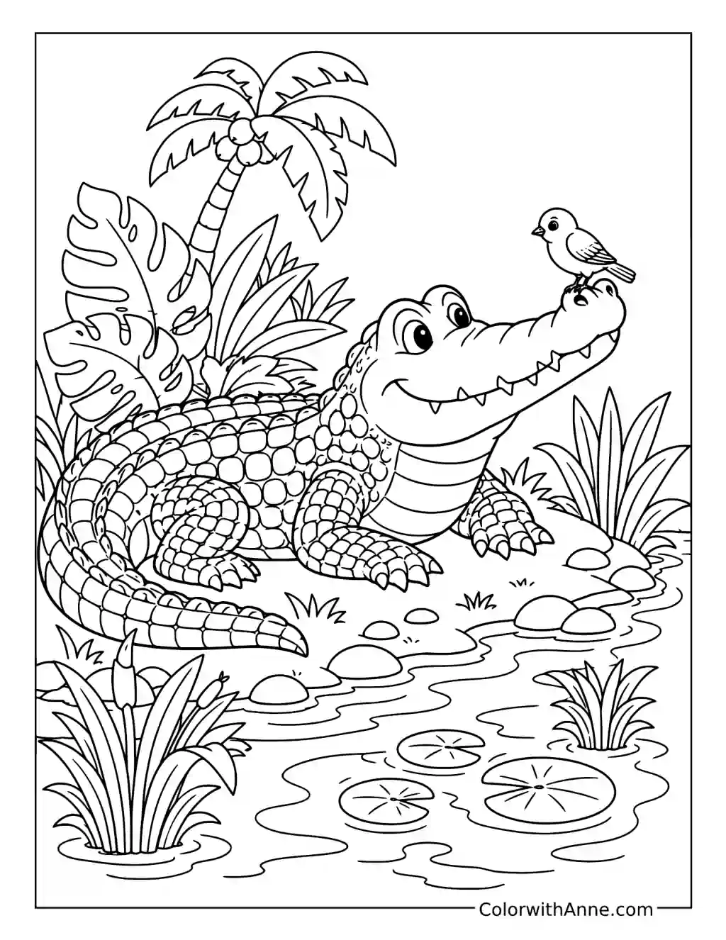 Friendly Crocodile with a Bird on Its Snout coloring page