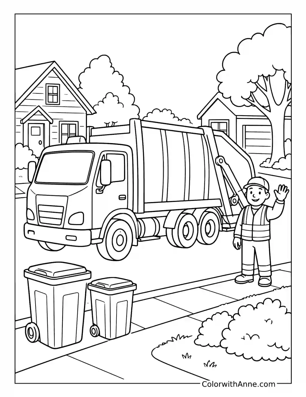 Friendly Garbage Truck Neighborhood Scene coloring page