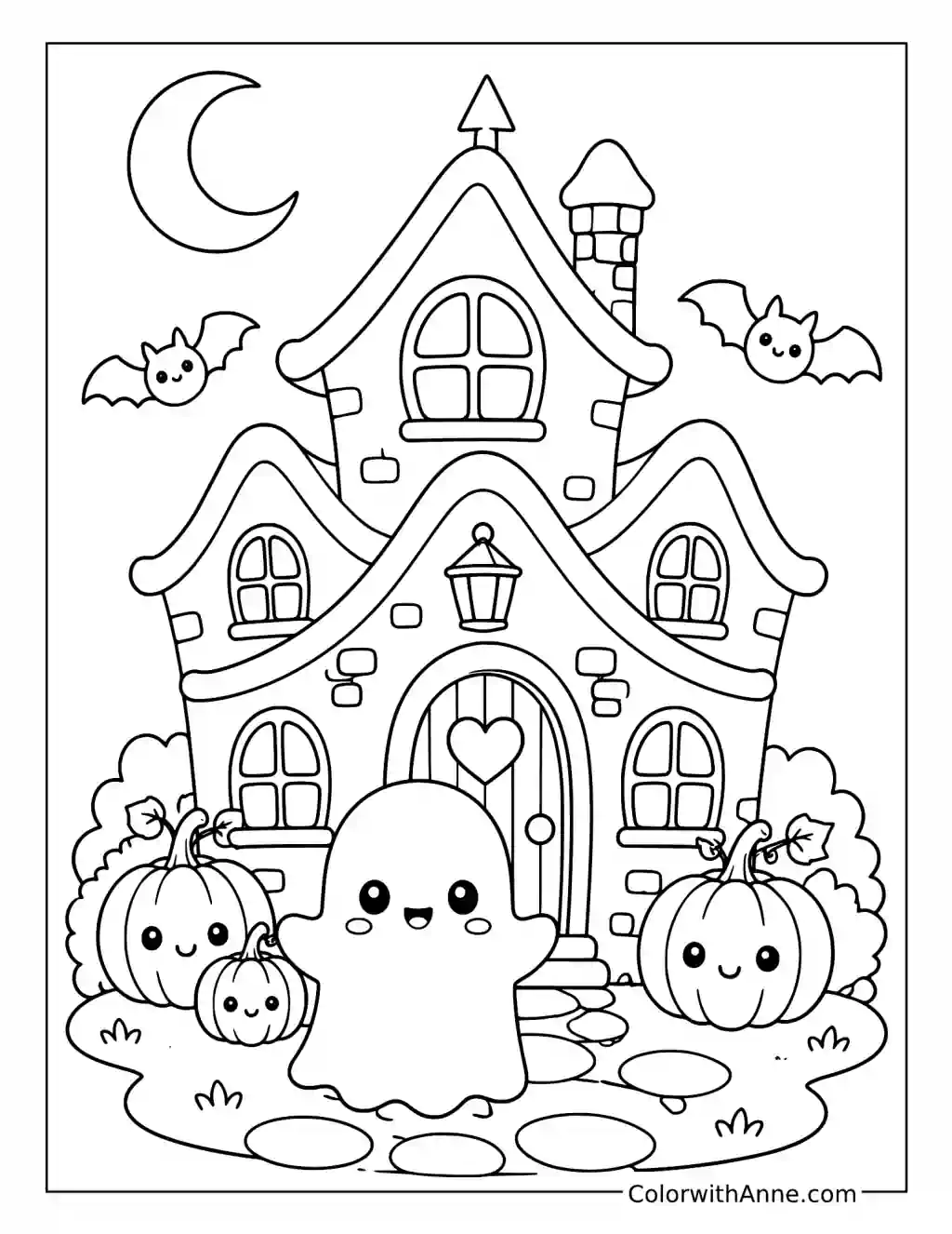 Friendly Ghost at a Haunted House coloring page