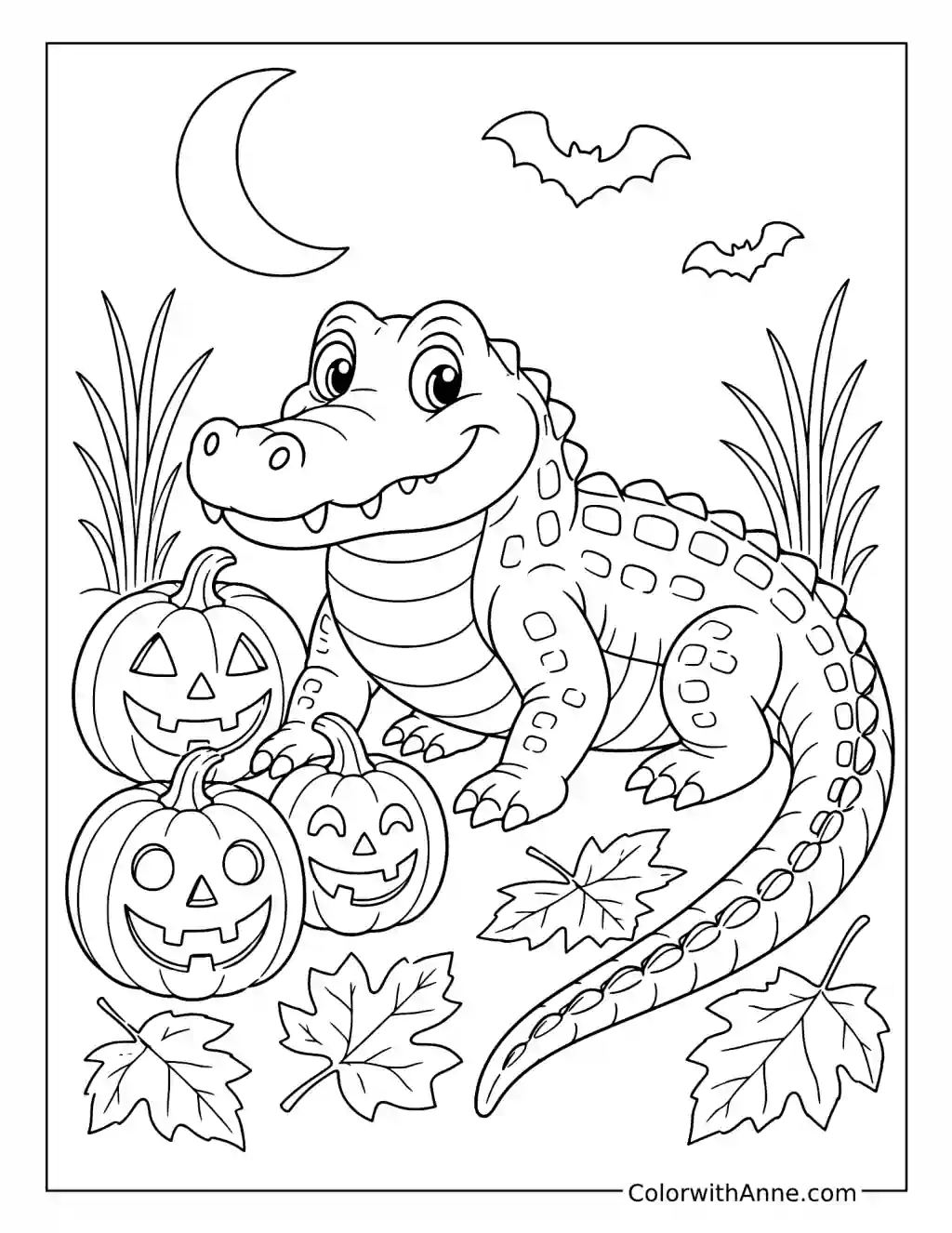 Friendly Halloween Alligator and Pumpkins coloring page