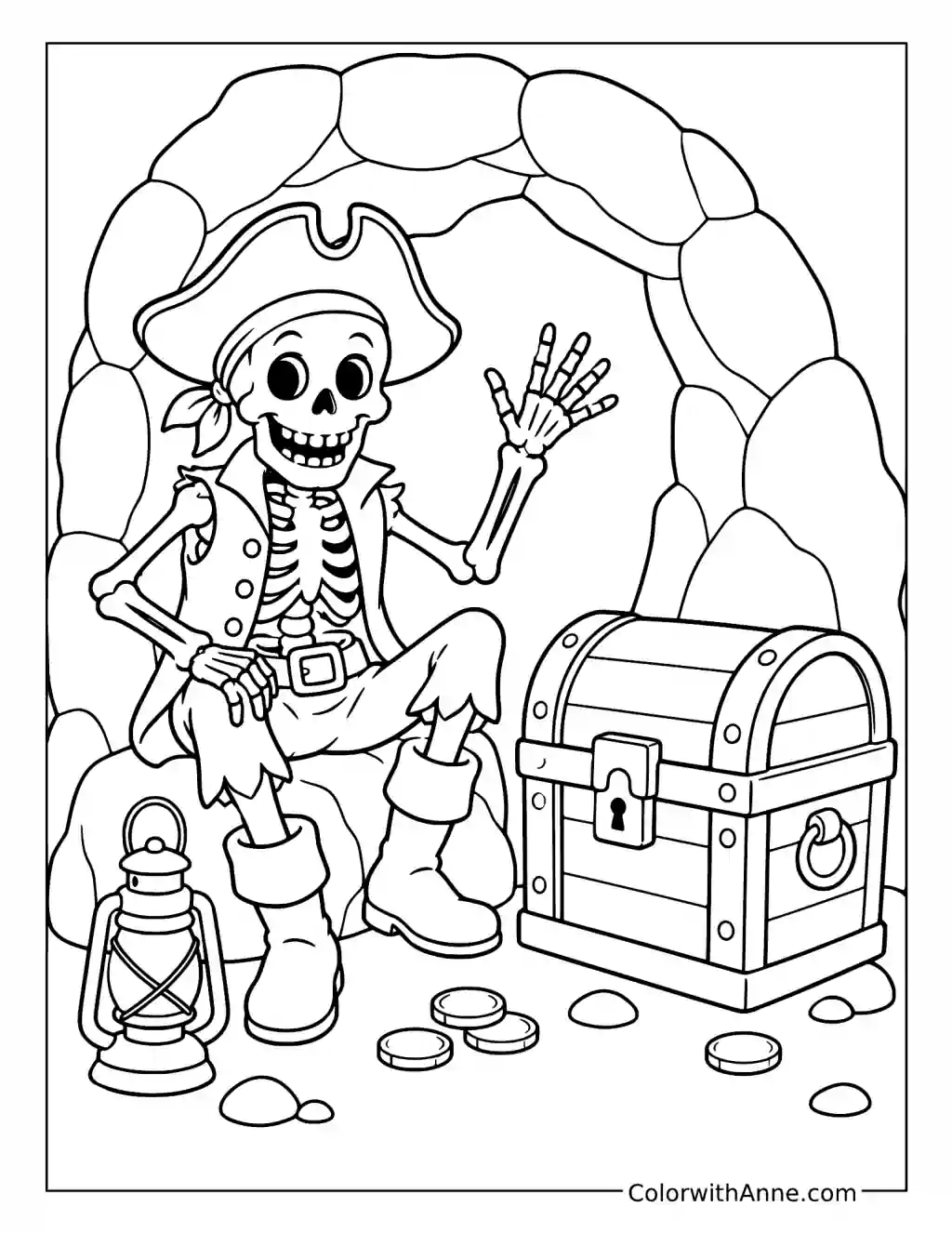 Friendly Pirate Skeleton and Treasure Chest coloring page