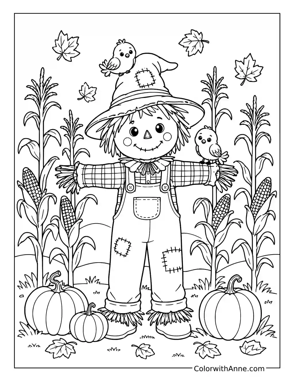 Friendly Scarecrow Among Corn and Pumpkins coloring page