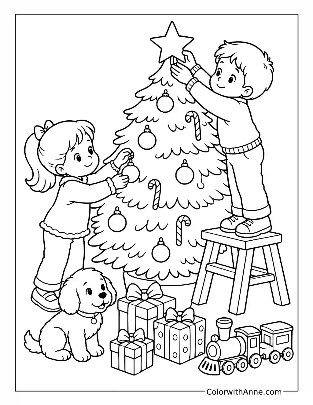 Friends Decorate the Christmas Tree coloring page