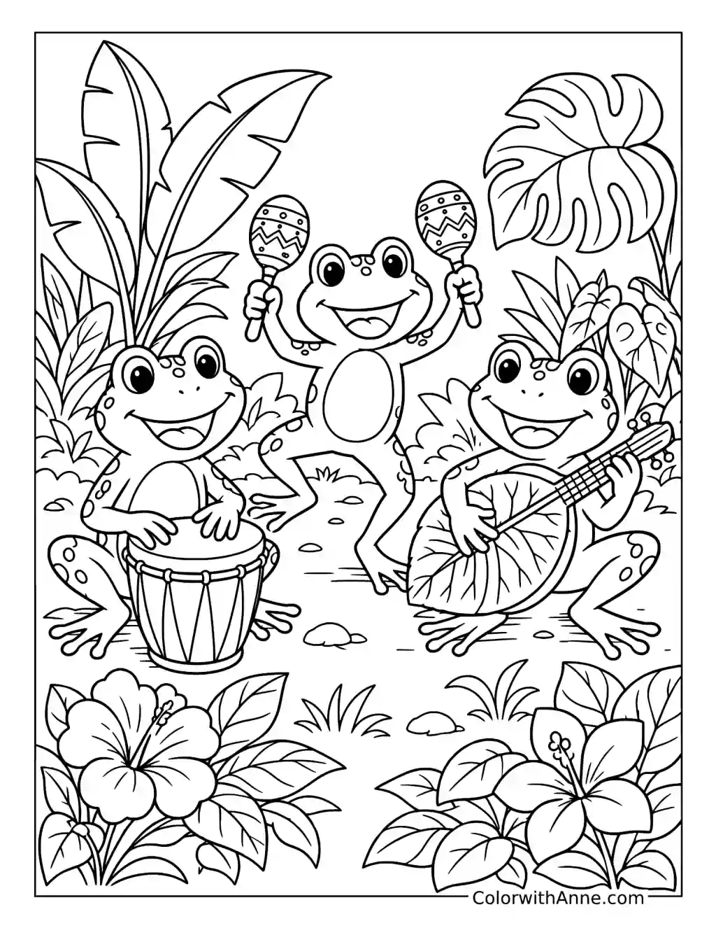 Frog Band Playing Music in the Jungle coloring page