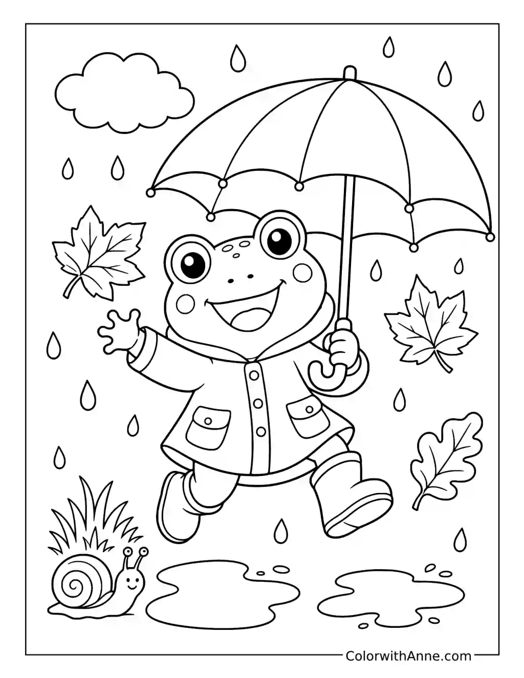 Frog in a Raincoat Splashing Beneath an Umbrella coloring page
