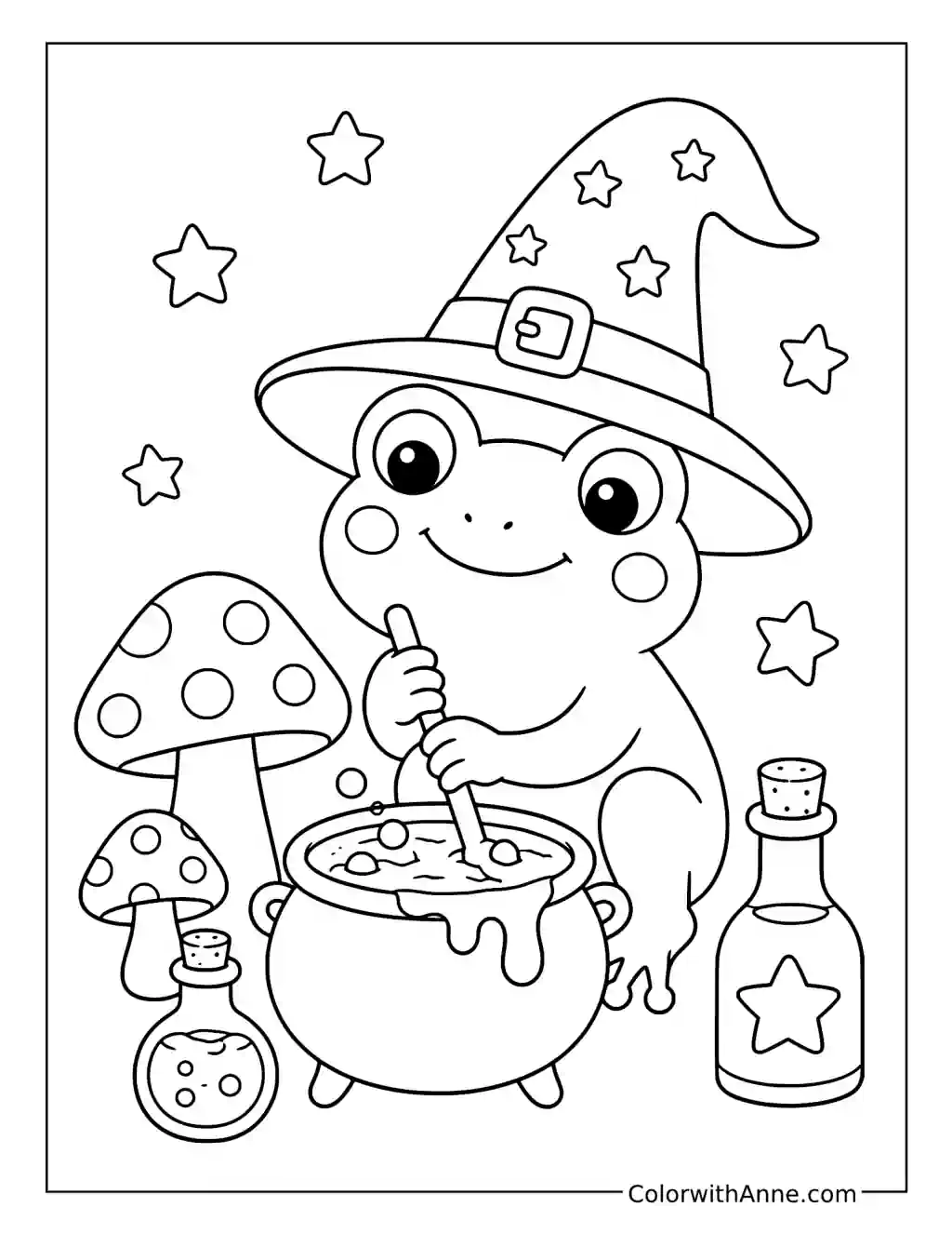 Frog Witch Mixing a Potion coloring page