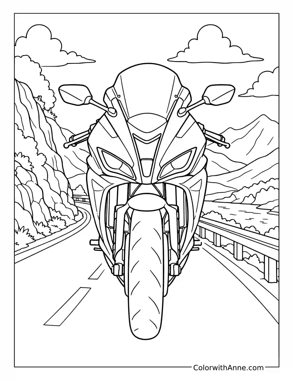 Front View of a Sport Motorcycle on a Mountain Road coloring page