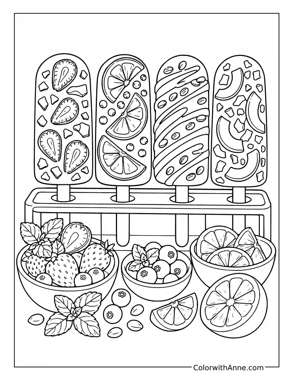 Fruit-Decorated Popsicle Still Life coloring page