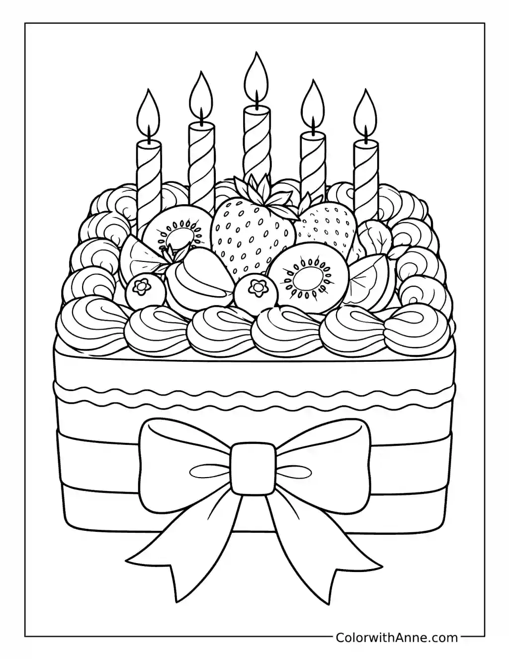 Fruit-Topped Square Birthday Cake with Bow coloring page