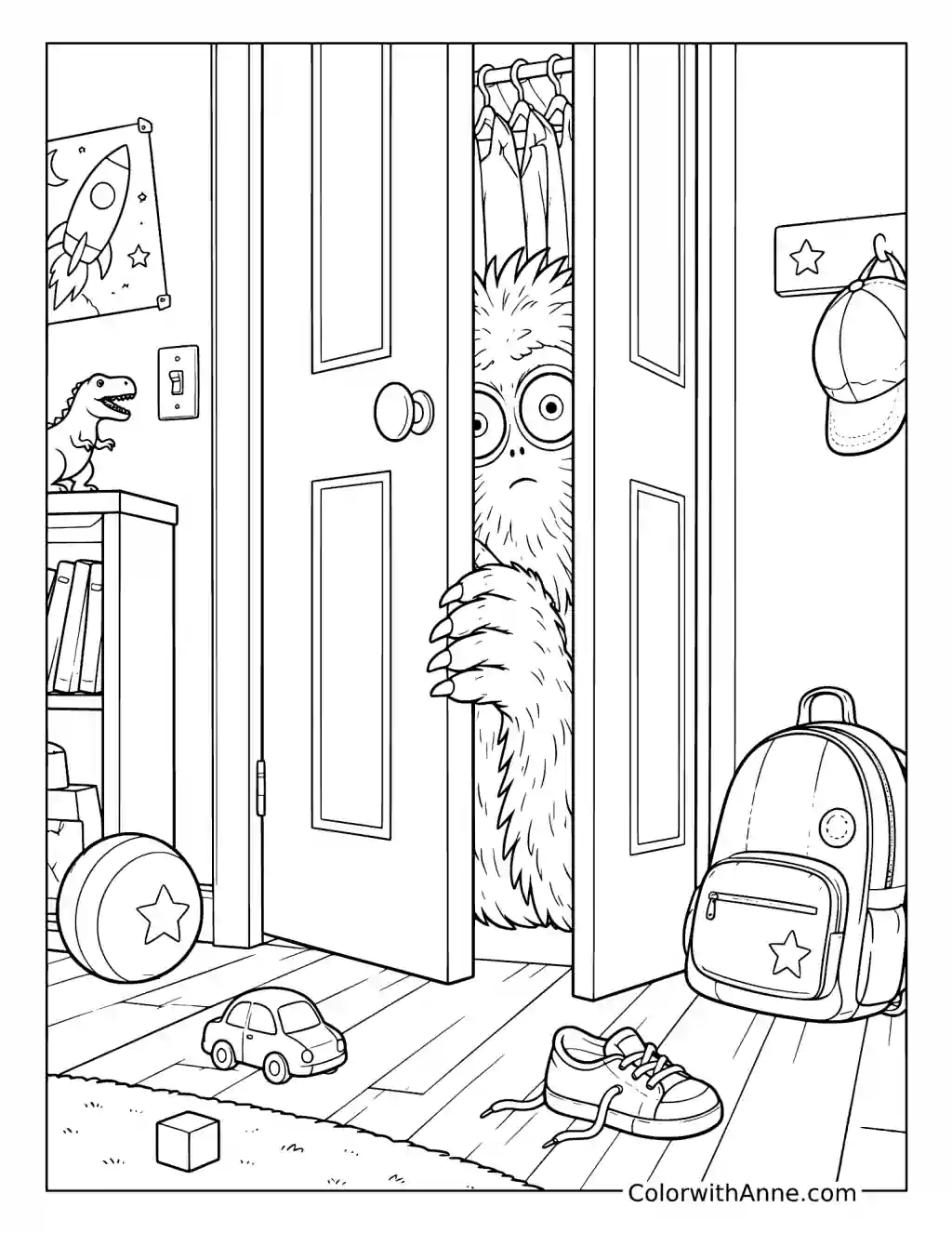 Furry Monster Peeking out of a Closet coloring page