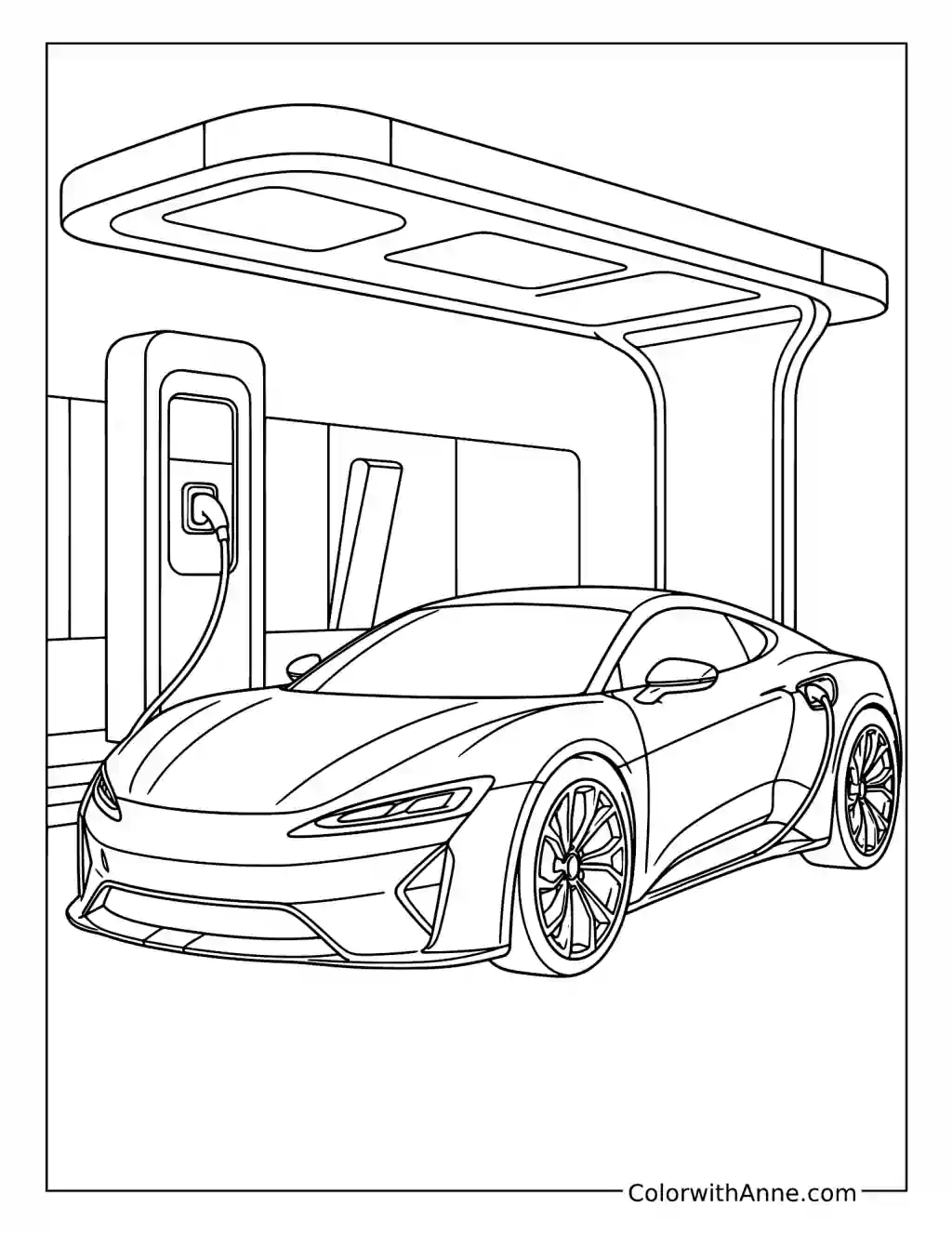 Futuristic Electric Supercar Charging Scene coloring page