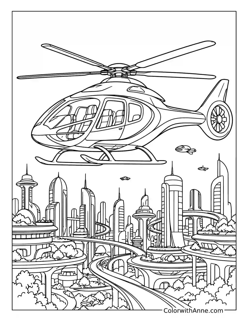 Futuristic Helicopter Above Tomorrow City coloring page