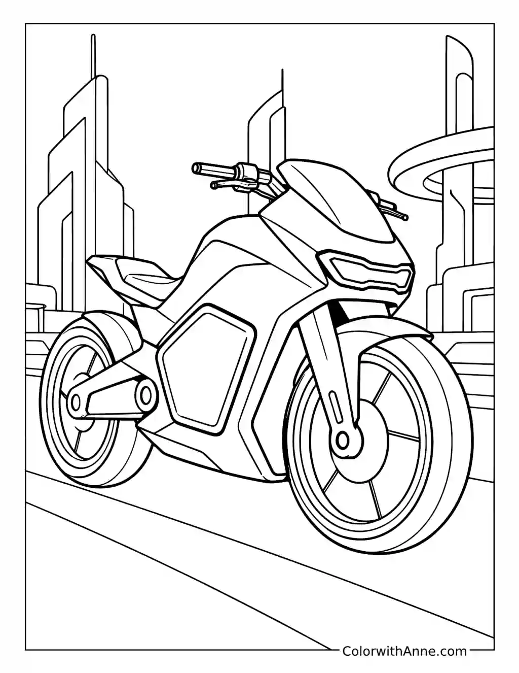 Futuristic Motorcycle in the City coloring page