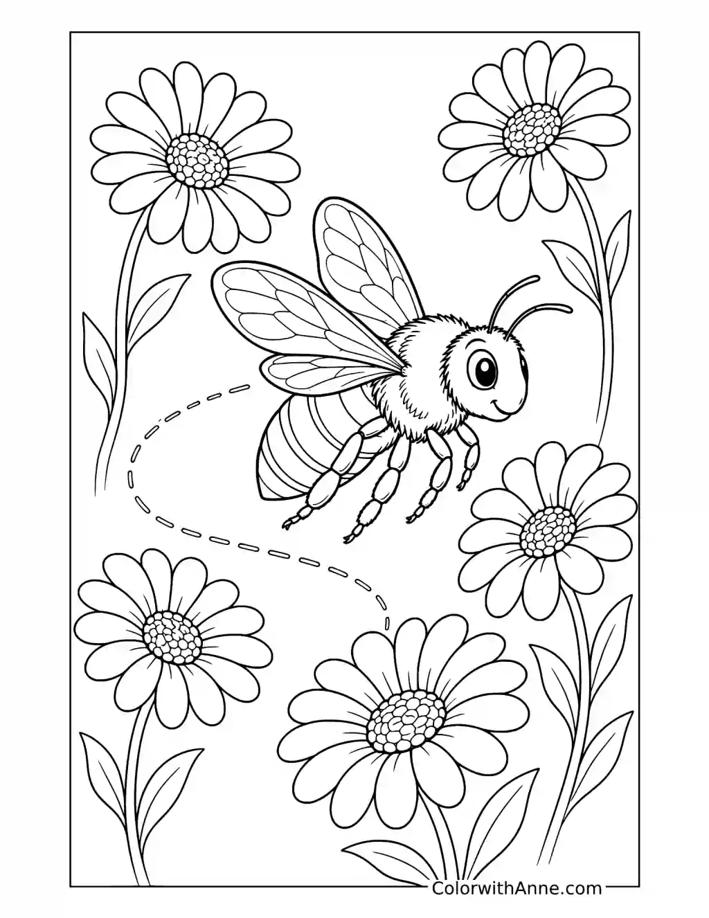 Fuzzy Bee Following a Trail Between Flowers coloring page