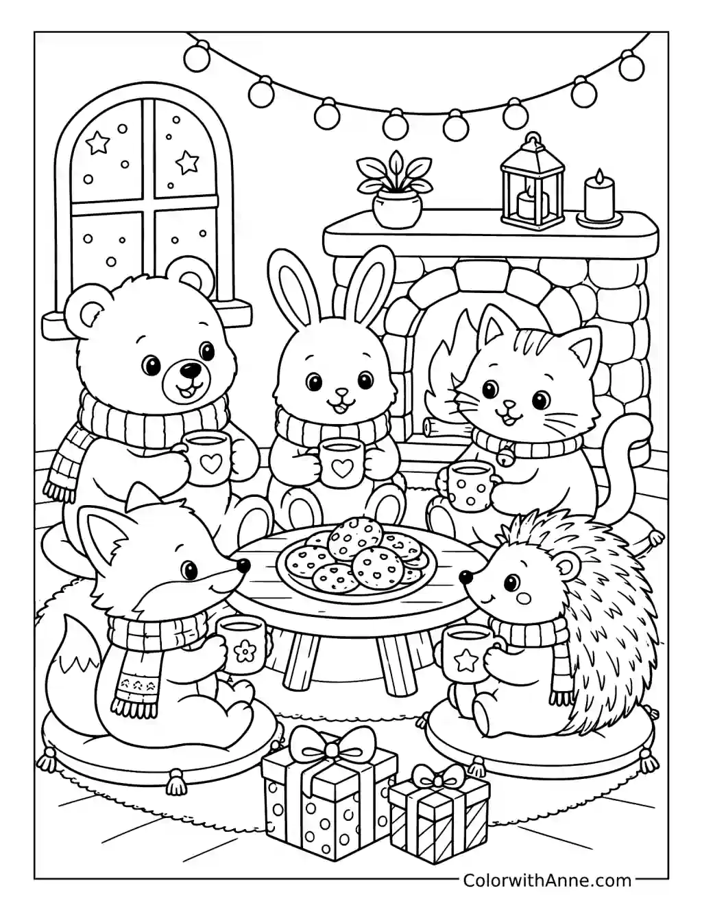 Fuzzy Friends' Cozy Cottage coloring page
