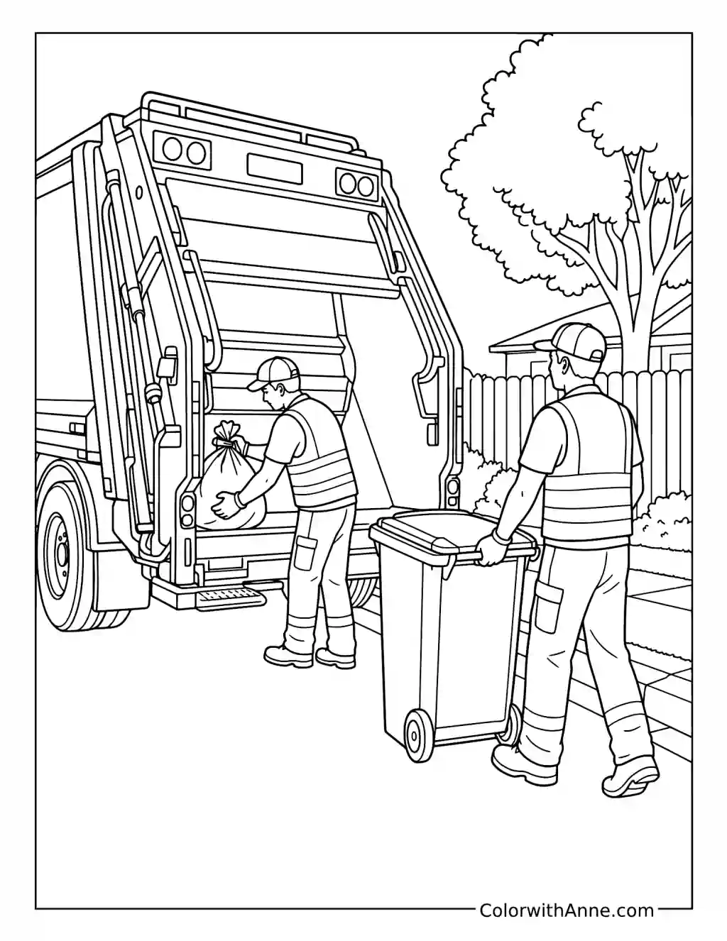 Garbage Collectors Loading Trash Bags coloring page