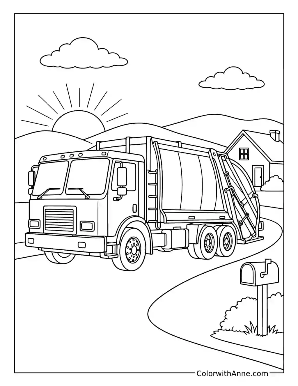 Garbage Truck at Sunrise coloring page