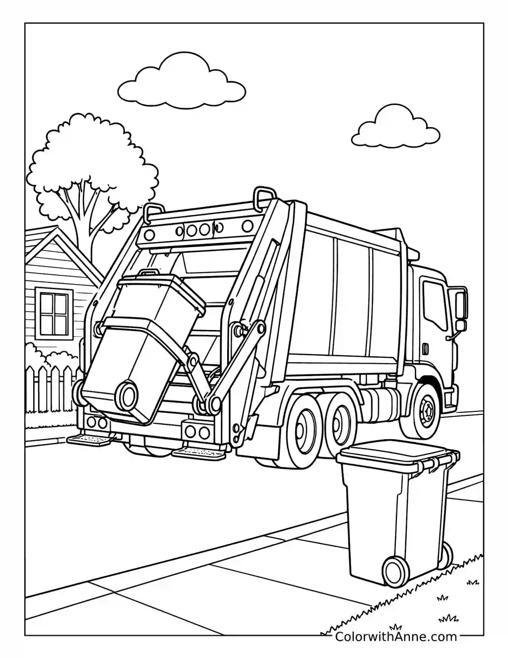 Garbage Truck Collecting Two Trash Bins coloring page
