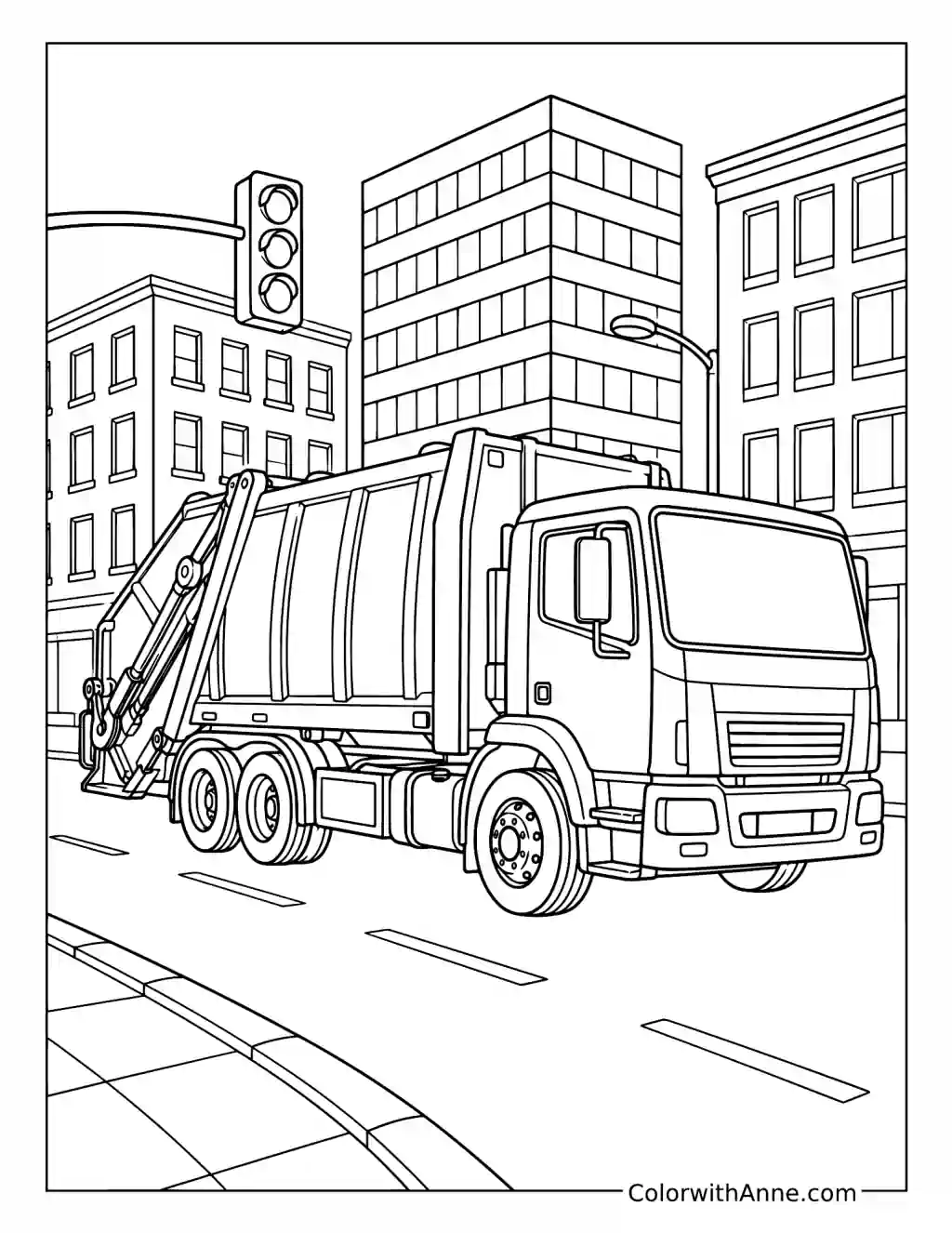 Garbage Truck in a Busy City coloring page