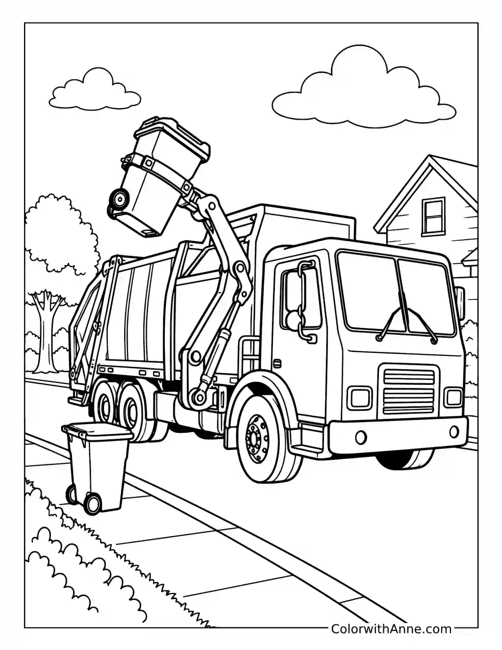 Garbage Truck Lifting a Bin on a Suburban Street coloring page