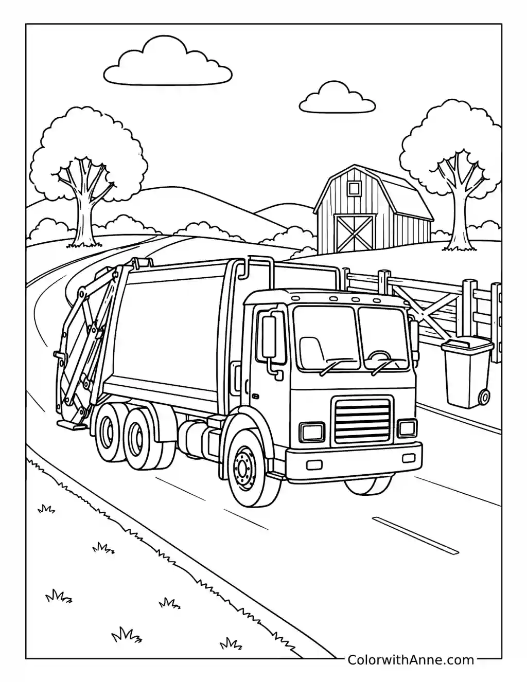 Garbage Truck on a Country Road coloring page