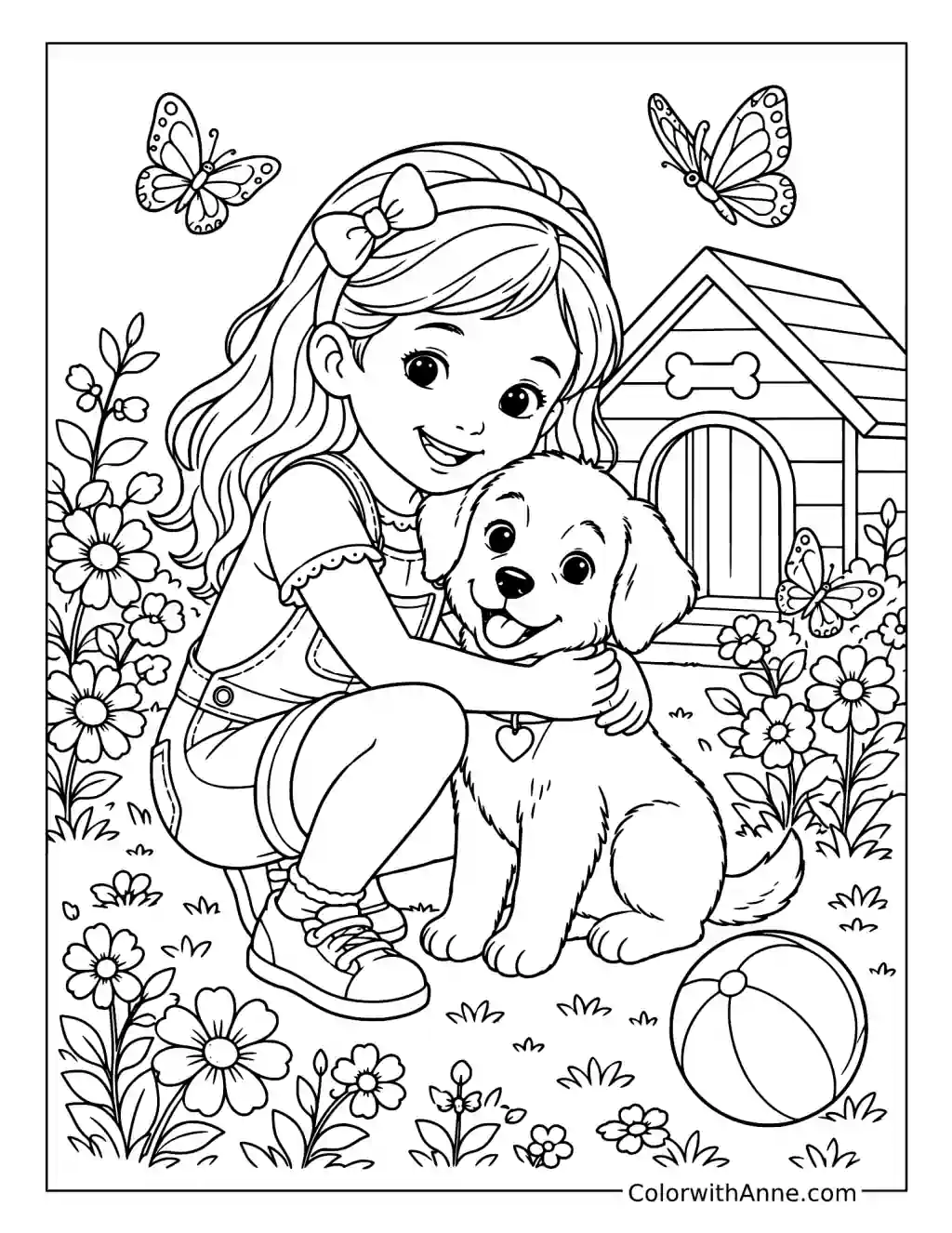 Garden Hug with a Puppy coloring page