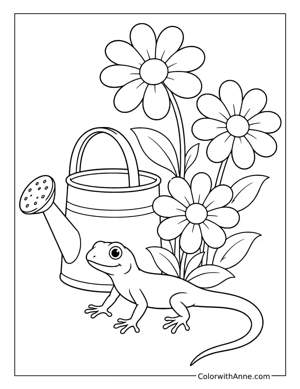 Garden Lizard by Flowers and a Watering Can coloring page