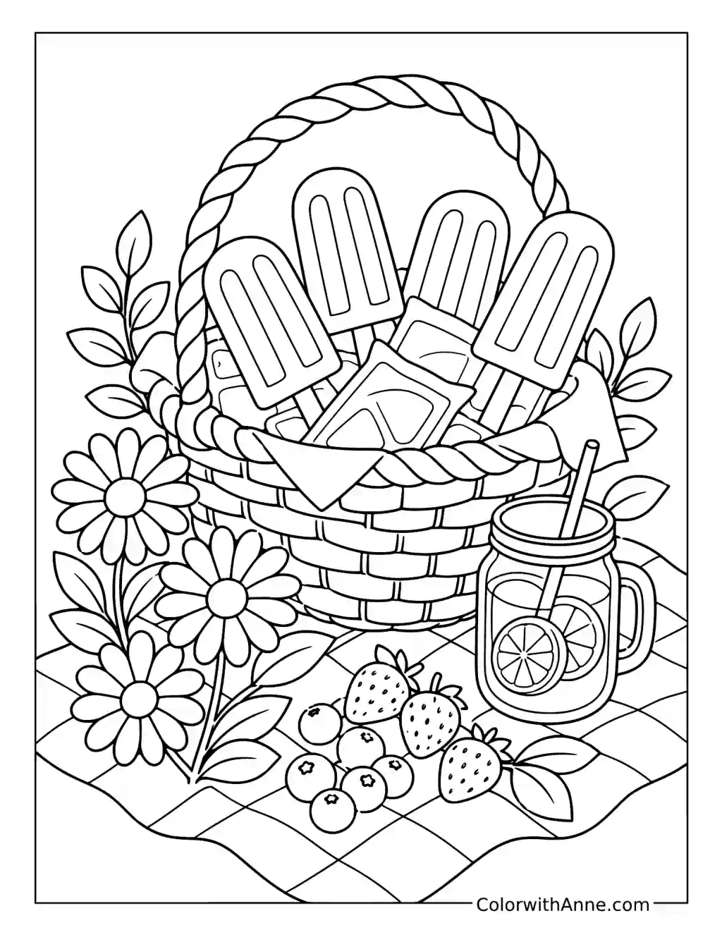 Garden Picnic Basket with Popsicles coloring page