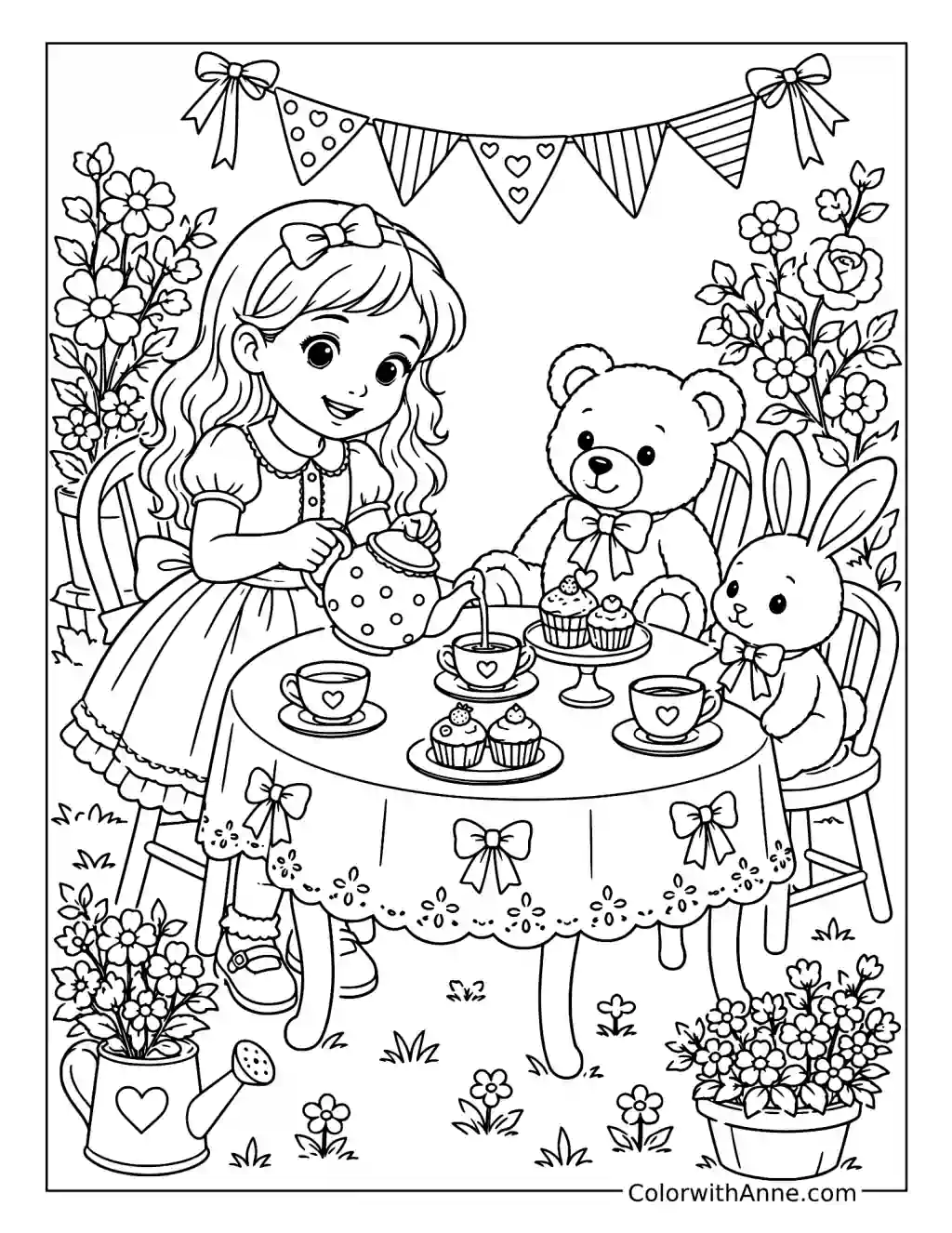 Garden Tea Party with Teddy and Bunny coloring page