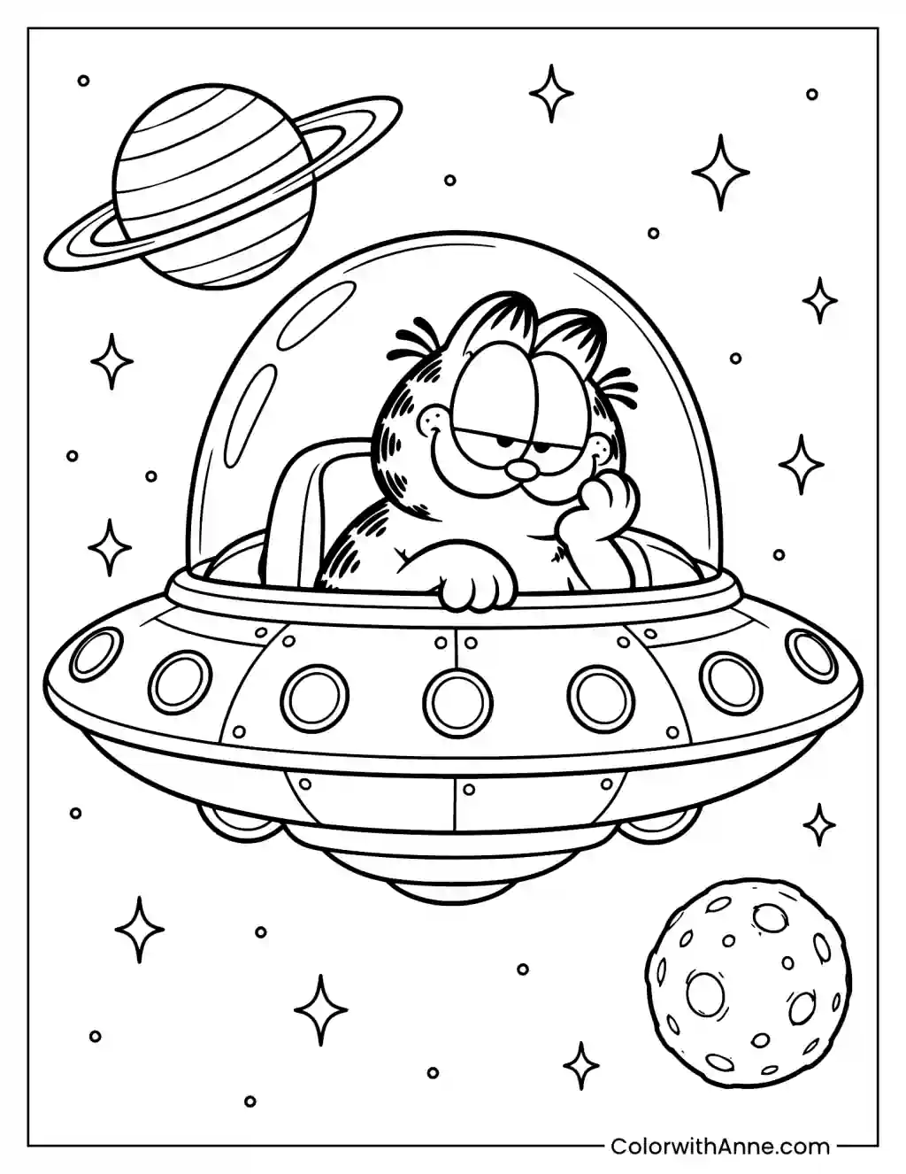 Garfield Flying a UFO Coloring Page