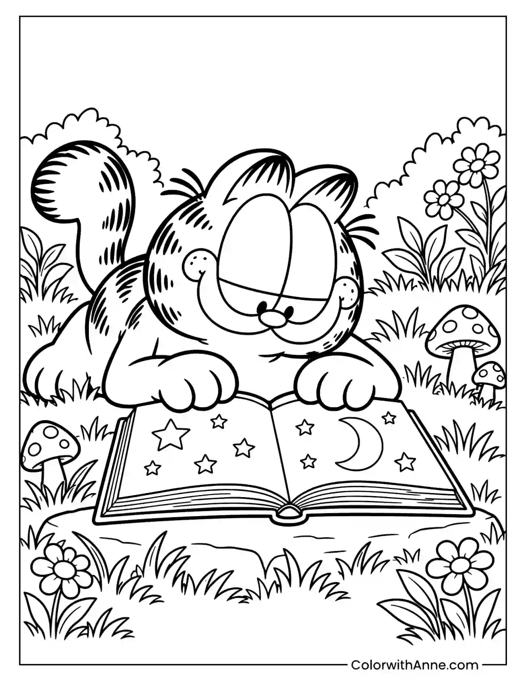 Garfield Reading a Book in the Garden Coloring Page