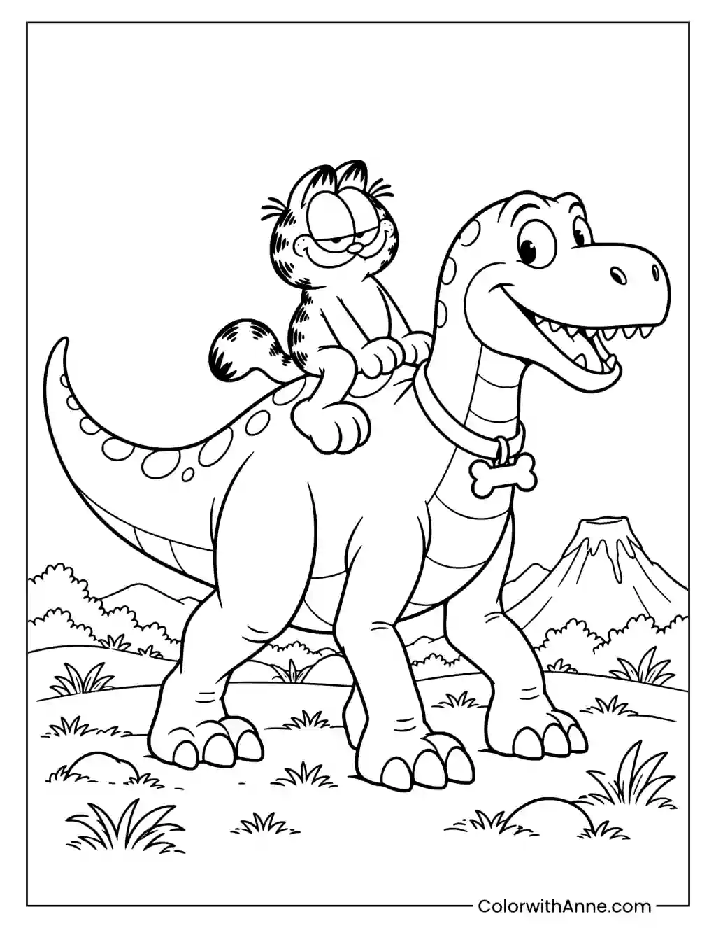 Garfield Riding a Dinosaur Coloring Page