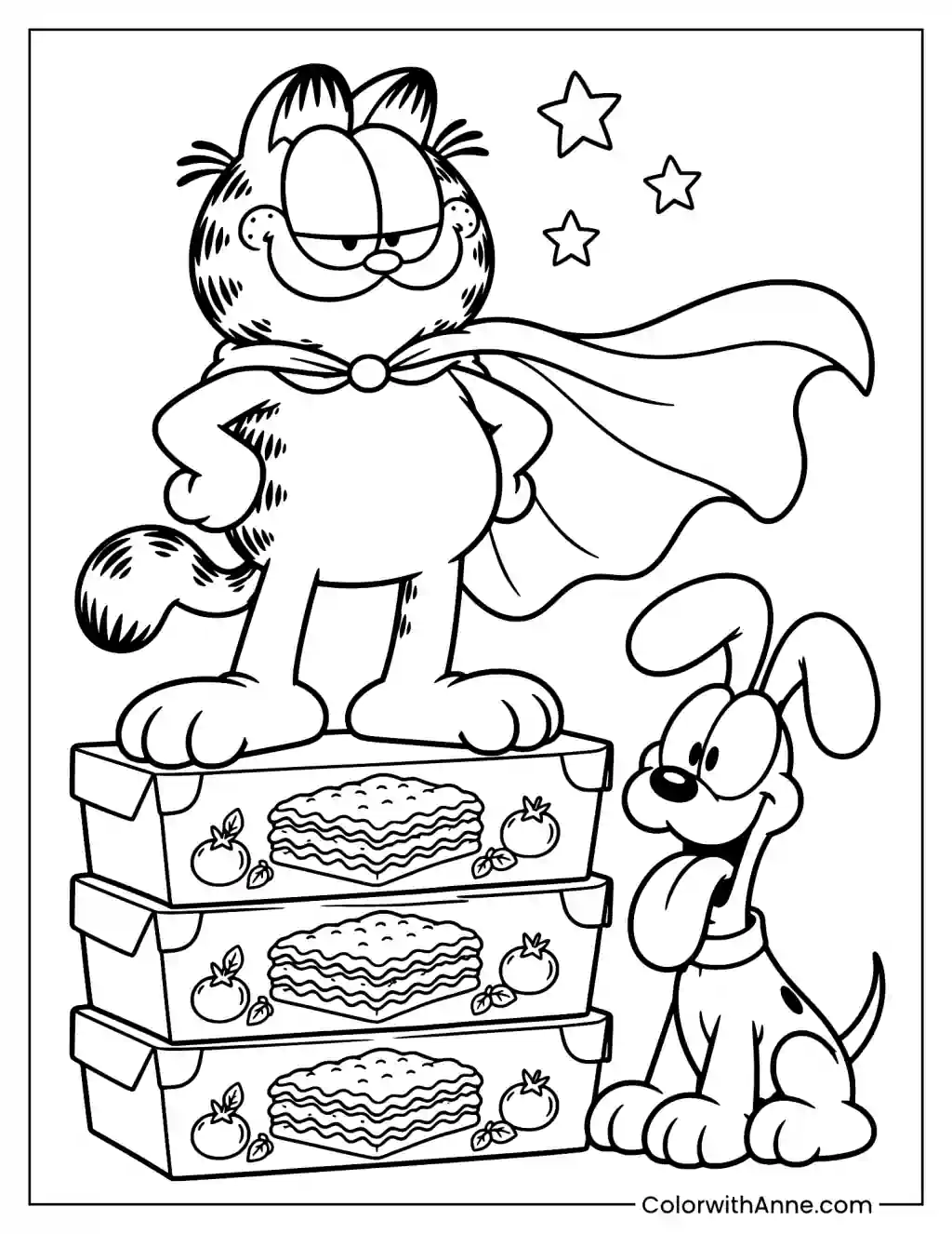 Garfield Standing on a Stack of Lasagna Boxes Coloring Page