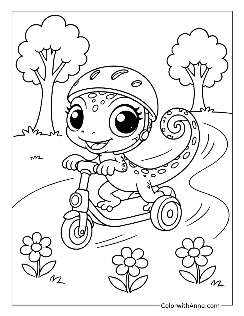 Gecko Riding a Scooter in the Park coloring page