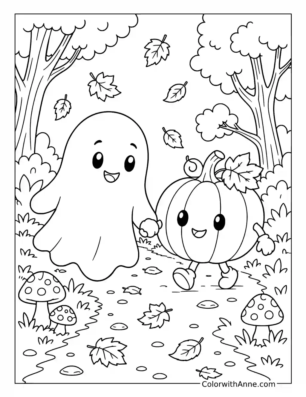 Ghost and Pumpkin Autumn Walk coloring page